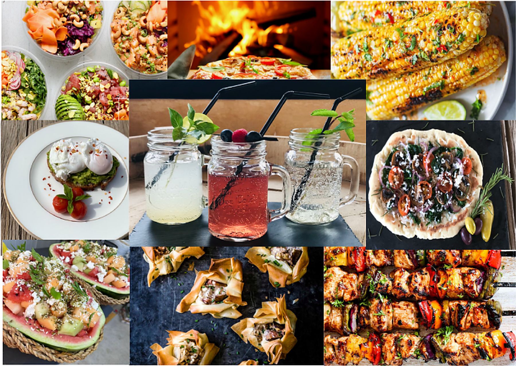 Collage of dishes served at camp — salads, grilled corn, skewers, pastries and plated desserts
